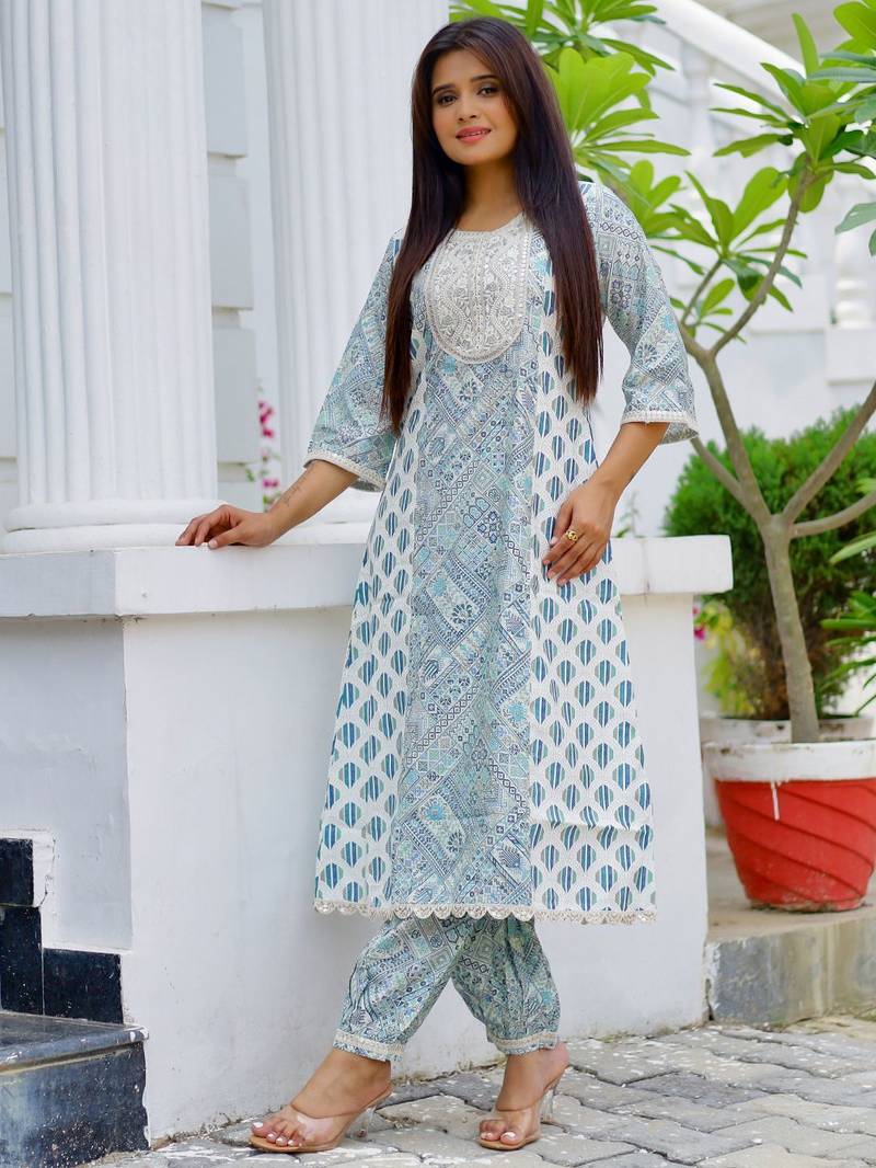 ethnic motifs printed round neck a-line kurta with salwar