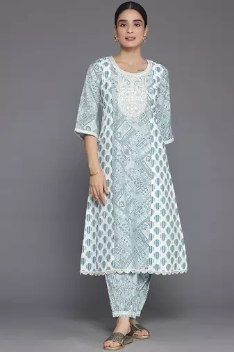 ethnic motifs printed round neck a-line kurta with salwar