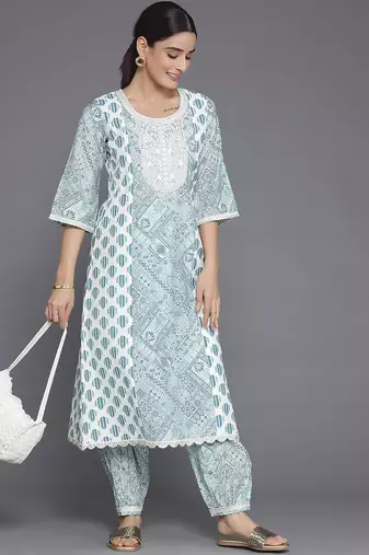 ethnic motifs printed round neck a-line kurta with salwar