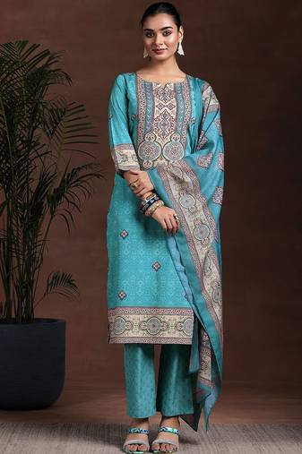 ethnic motifs printed notch neck straight kurta with trousers & dupatta