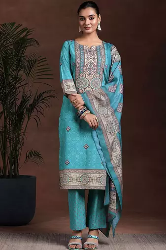 ethnic motifs printed notch neck straight kurta with trousers & dupatta