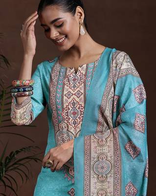 ethnic motifs printed notch neck straight kurta with trousers & dupatta 2