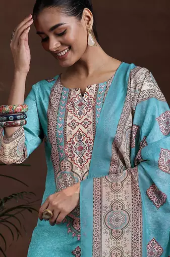 ethnic motifs printed notch neck straight kurta with trousers & dupatta