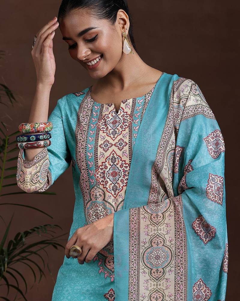 ethnic motifs printed notch neck straight kurta with trousers & dupatta