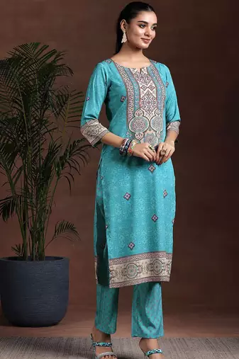 ethnic motifs printed notch neck straight kurta with trousers & dupatta