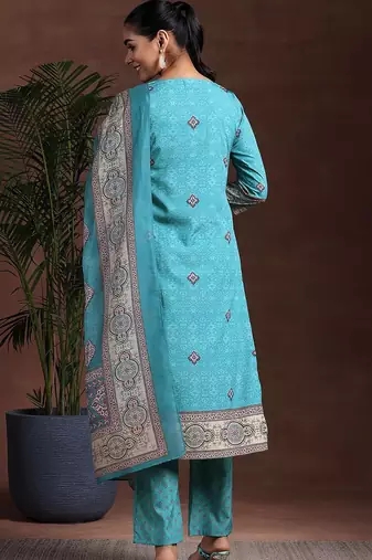 ethnic motifs printed notch neck straight kurta with trousers & dupatta