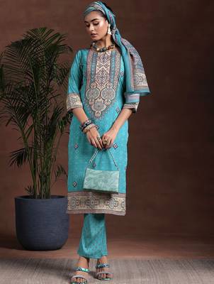 ethnic motifs printed notch neck straight kurta with trousers & dupatta 6