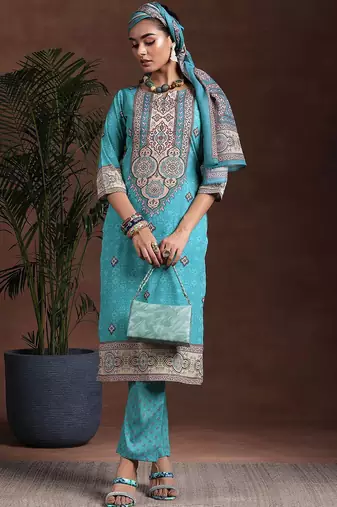 ethnic motifs printed notch neck straight kurta with trousers & dupatta