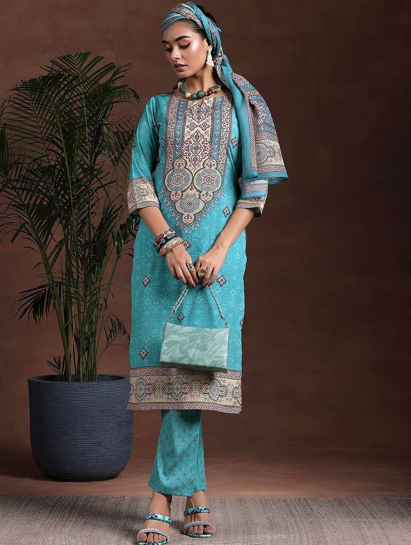 ethnic motifs printed notch neck straight kurta with trousers & dupatta
