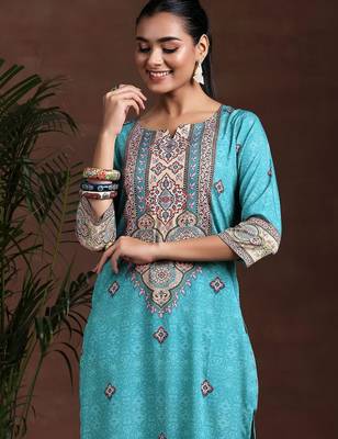 ethnic motifs printed notch neck straight kurta with trousers & dupatta 7