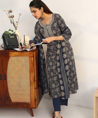 women ethnic motifs printed regular cotton blend kurta with trousers & with dupatta 1