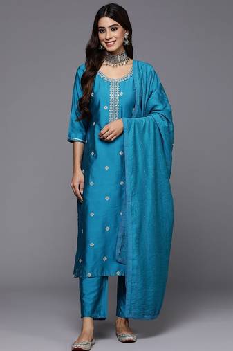 ethnic motifs embroidered straight kurta with trousers & dupatta