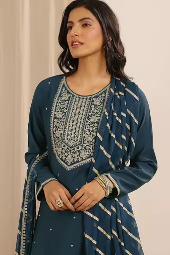 floral embroidered round neck silk blend kurta with trousers & dupatta
