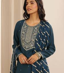 floral embroidered round neck silk blend kurta with trousers & dupatta