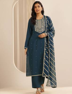 floral embroidered round neck silk blend kurta with trousers & dupatta 1