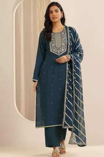 floral embroidered round neck silk blend kurta with trousers & dupatta