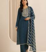 floral embroidered round neck silk blend kurta with trousers & dupatta