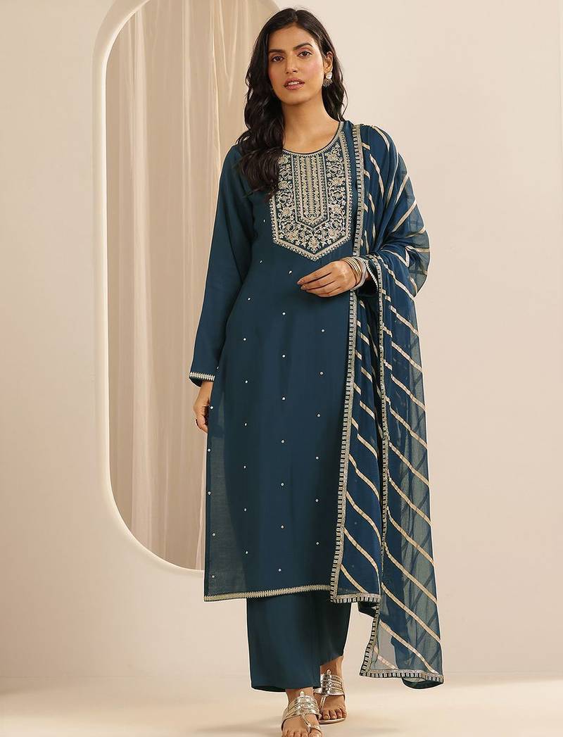 floral embroidered round neck silk blend kurta with trousers & dupatta