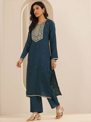 floral embroidered round neck silk blend kurta with trousers & dupatta 3