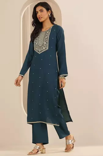 floral embroidered round neck silk blend kurta with trousers & dupatta