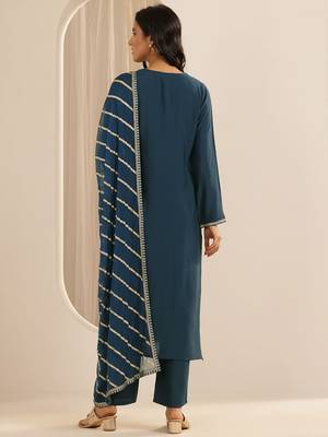 floral embroidered round neck silk blend kurta with trousers & dupatta 4