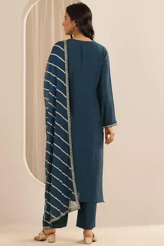 floral embroidered round neck silk blend kurta with trousers & dupatta