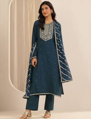 floral embroidered round neck silk blend kurta with trousers & dupatta 5
