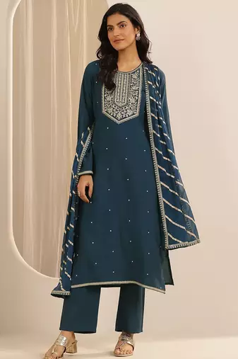 floral embroidered round neck silk blend kurta with trousers & dupatta