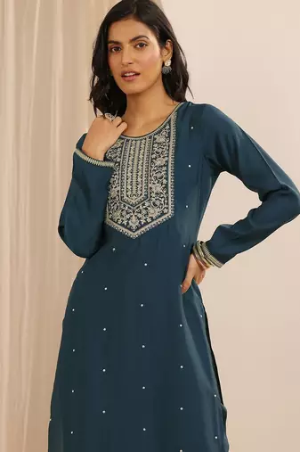 floral embroidered round neck silk blend kurta with trousers & dupatta