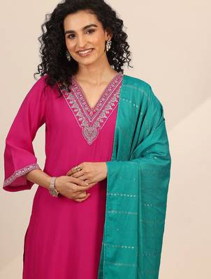 floral yoke design v-neck zari straight kurta with trousers and dupatta 1