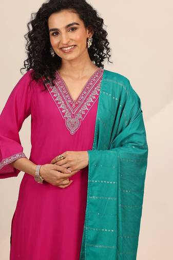 floral yoke design v-neck zari straight kurta with trousers and dupatta