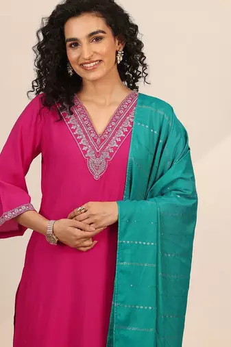 floral yoke design v-neck zari straight kurta with trousers and dupatta