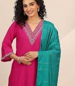 floral yoke design v-neck zari straight kurta with trousers and dupatta