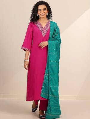 floral yoke design v-neck zari straight kurta with trousers and dupatta 2