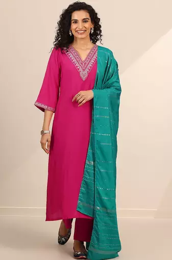floral yoke design v-neck zari straight kurta with trousers and dupatta