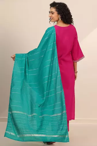 floral yoke design v-neck zari straight kurta with trousers and dupatta