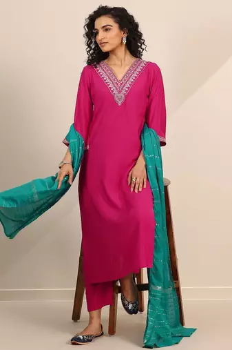 floral yoke design v-neck zari straight kurta with trousers and dupatta