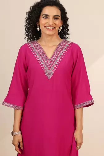 floral yoke design v-neck zari straight kurta with trousers and dupatta