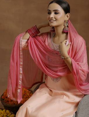 ethnic embroidered sequinned u-neck straight kurta with trouser and dupatta 2