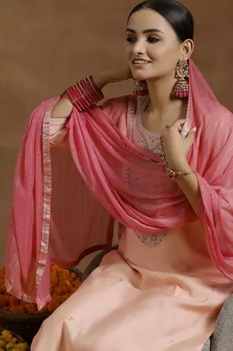 ethnic embroidered sequinned u-neck straight kurta with trouser and dupatta