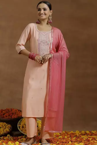 ethnic embroidered sequinned u-neck straight kurta with trouser and dupatta