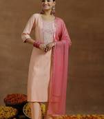 ethnic embroidered sequinned u-neck straight kurta with trouser and dupatta