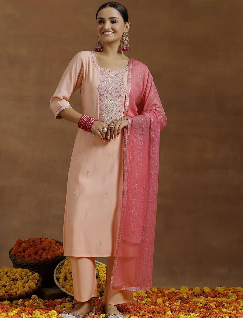 ethnic embroidered sequinned u-neck straight kurta with trouser and dupatta