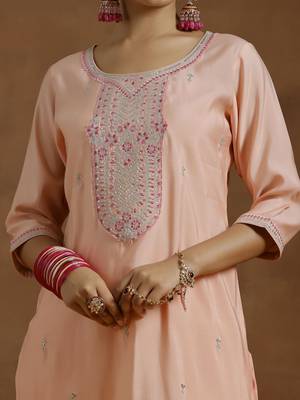 ethnic embroidered sequinned u-neck straight kurta with trouser and dupatta 3