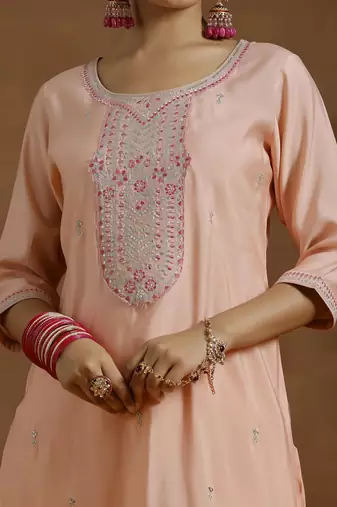 ethnic embroidered sequinned u-neck straight kurta with trouser and dupatta