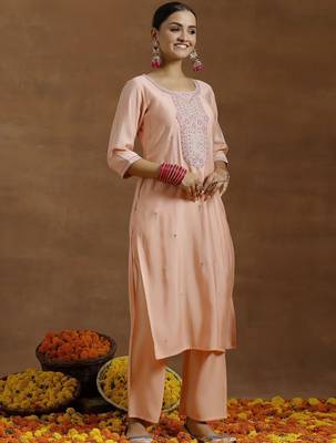 ethnic embroidered sequinned u-neck straight kurta with trouser and dupatta 5
