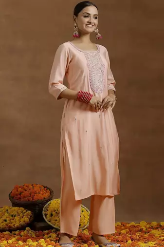 ethnic embroidered sequinned u-neck straight kurta with trouser and dupatta