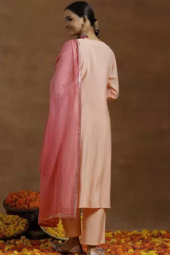ethnic embroidered sequinned u-neck straight kurta with trouser and dupatta