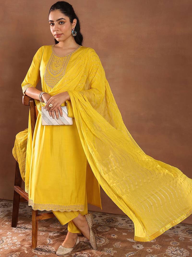 floral yoke design kurta with trouser & dupatta