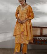 paisley printed thread work v-neck  cotton kurta with trouser & dupatta